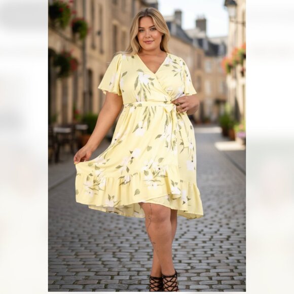 NWOT Rachel Rachel Roy Yellow Flutter Sleeve Floral Print Faux Wrap Dress - Picture 1 of 8